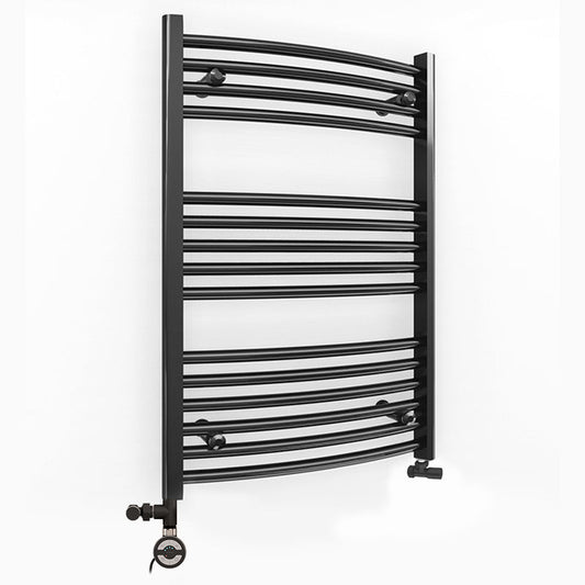 Dual Fuel 500 x 800mm Matt Black Curved Heated Towel Rail - (incl. Valves + Electric Heating Kit)