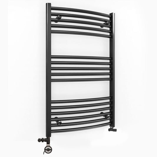 Dual Fuel 500 x 900mm Matt Black Curved Heated Towel Rail - (incl. Valves + Electric Heating Kit) 
