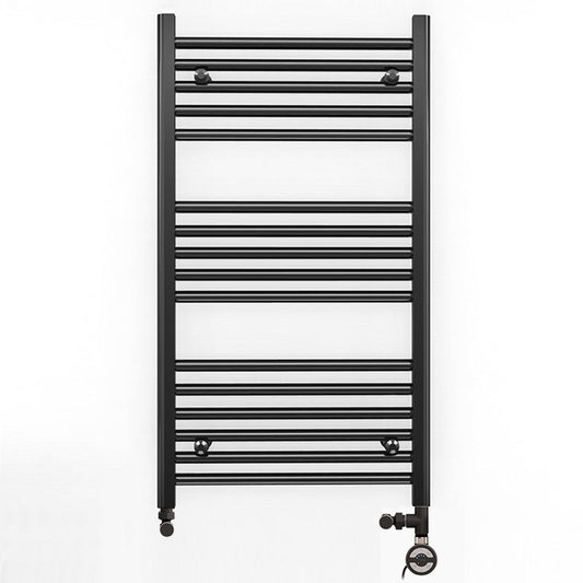 Dual Fuel 500 x 900mm Straight Matt Black Heated Towel Rail - (incl. Valves + Electric Heating Kit)