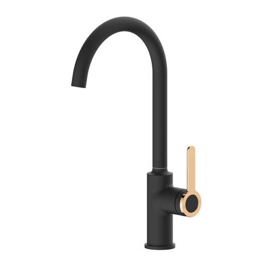 Black Brass Elegant Bathroom Tap With a Swivel Head 360 and a Gold Detail KPY-7431-M7126