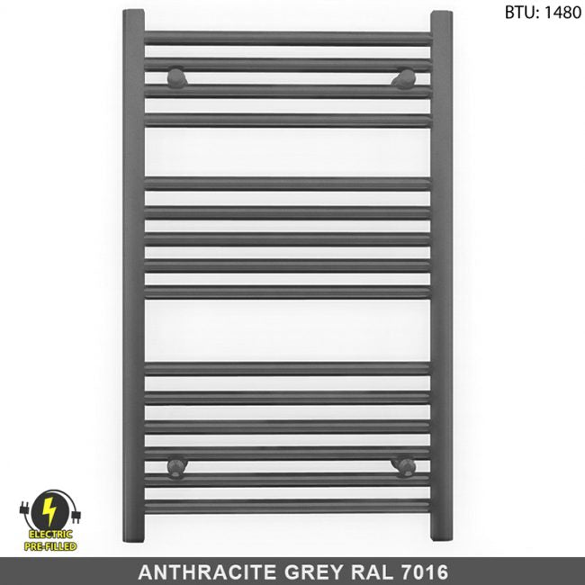  600mm Wide - 800mm High  Anthracite Grey Electric Heated Towel Rail Radiator