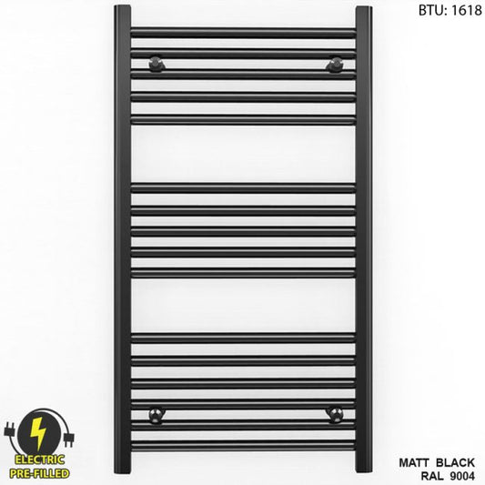 600mm Wide - 900mm High Flat Black Electric Heated Towel Rail Radiator