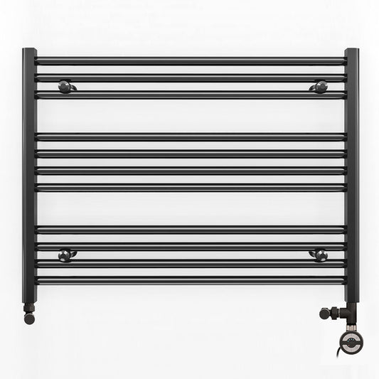 Dual Fuel 800 x 600mm Straight Matt Black Heated Towel Rail - (incl. Valves + Electric Heating Kit)