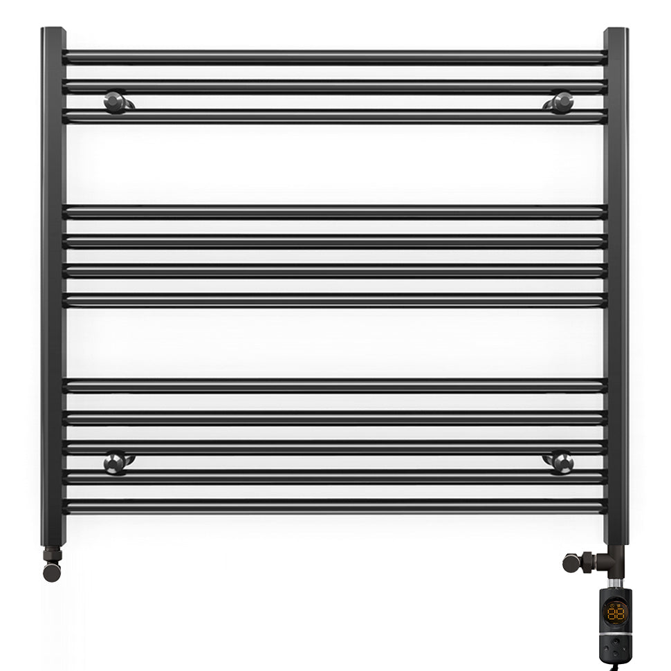  Dual Fuel 900 x 700mm Straight Matt Black Heated Towel Rail - (incl. Valves + Electric Heating Kit)
