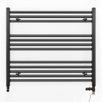  Dual Fuel 900 x 700mm Straight Matt Black Heated Towel Rail - (incl. Valves + Electric Heating Kit) 