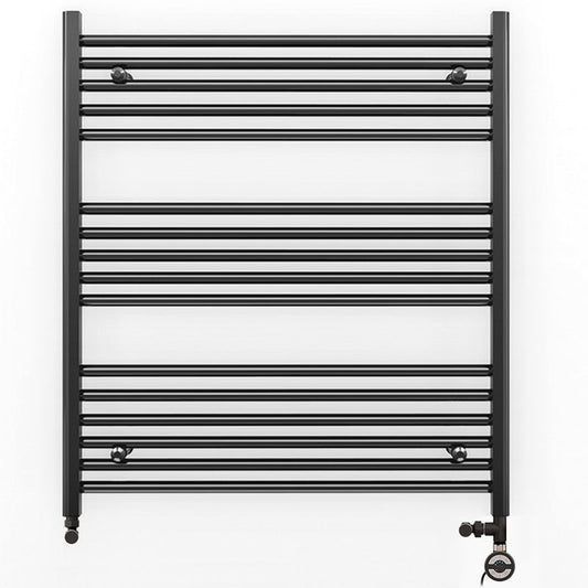 Dual Fuel 800 x 900mm Straight Matt Black Heated Towel Rail - (incl. Valves + Electric Heating Kit) 