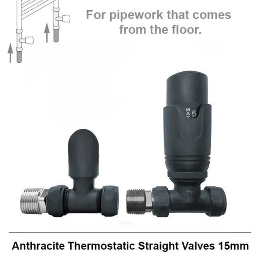Modern Anthracite Straight Thermostatic Radiator Valves 15mm Pair