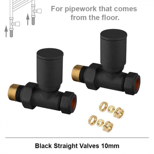 Modern Straight Radiator Valves - Matt Black 10mm Pair