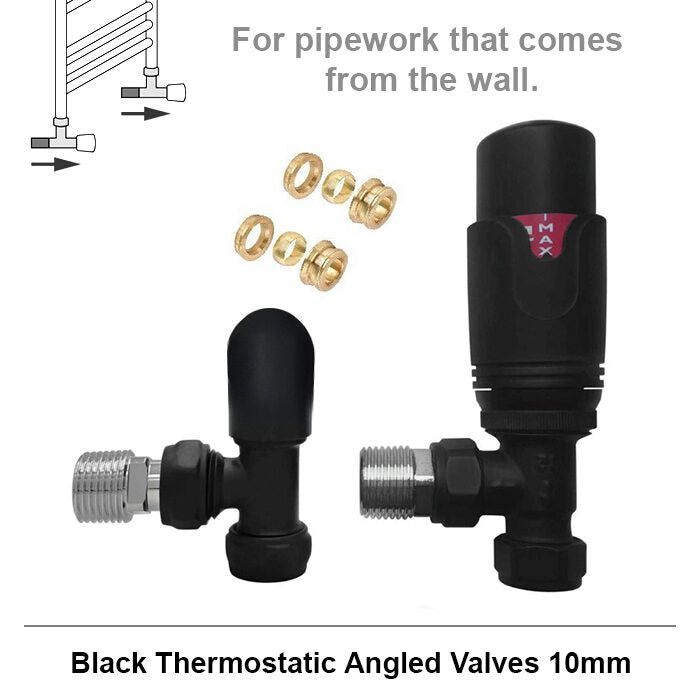 Modern Matt Black Angled Thermostatic Radiator Valves 10mm Pair
