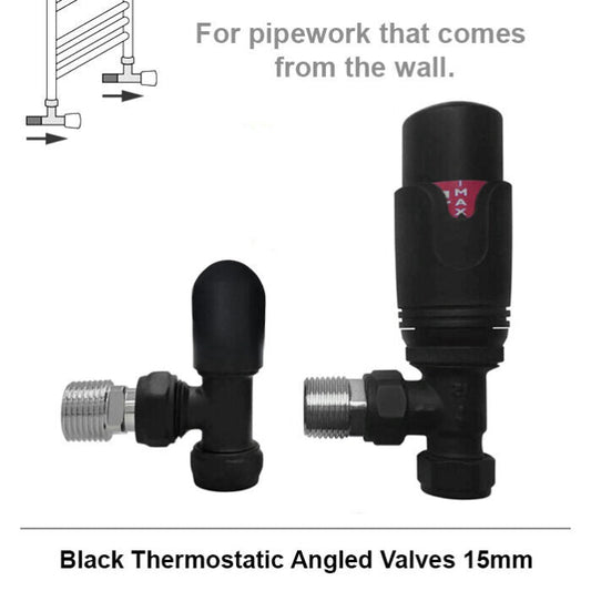 Modern Matt Black Angled Thermostatic Radiator Valves 15mm Pair