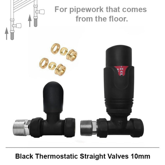 Modern Matt Black Straight Thermostatic Radiator Valves 10mm Pair