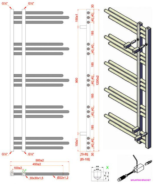 Dual Fuel 500 x 1200mm Straight Anthracite Grey Designer Heated Towel Rail Radiator- (incl. Valves + Electric Heating Kit) 