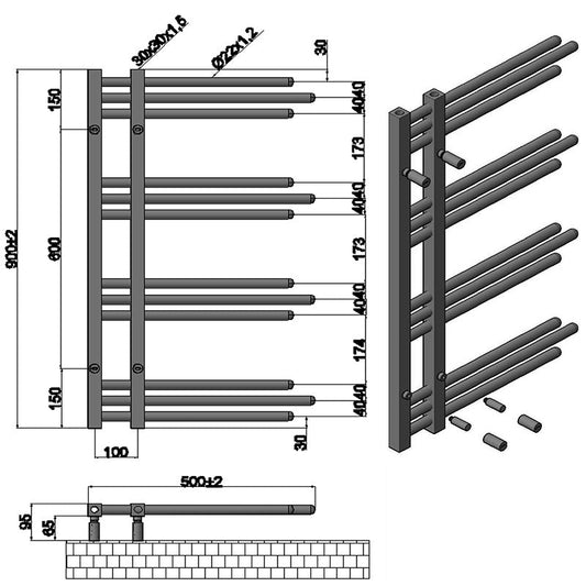 500mm Wide – 900mm High Sydney Anthracite Electric Grey Designer Heated Towel Rail Radiator 