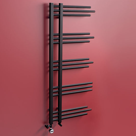 Dual Fuel 500 x 1200mm Straight Matt Black Designer Heated Towel Rail Radiator- (incl. Valves + Electric Heating Kit)