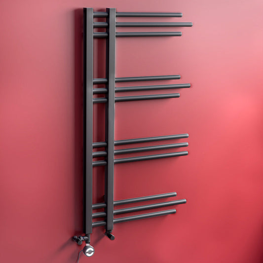 Dual Fuel 500 x 900mm Straight Matt Black Designer Heated Towel Rail Radiator- (incl. Valves + Electric Heating Kit) 