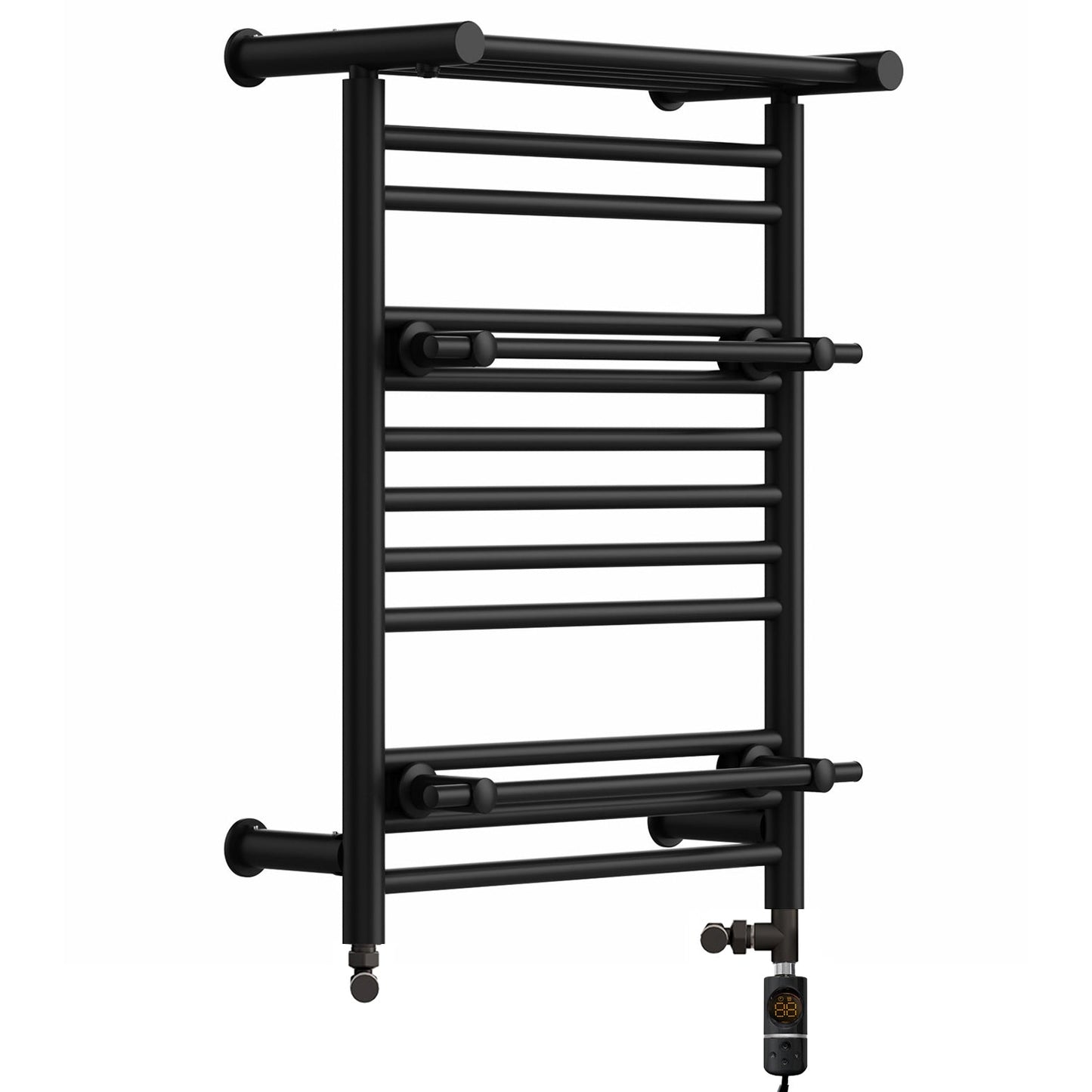 Dual Fuel 490 x 680mm Matt Black Top Shelf Designer Heated Towel Rail Radiator- (incl. Valves + Electric Heating Kit)