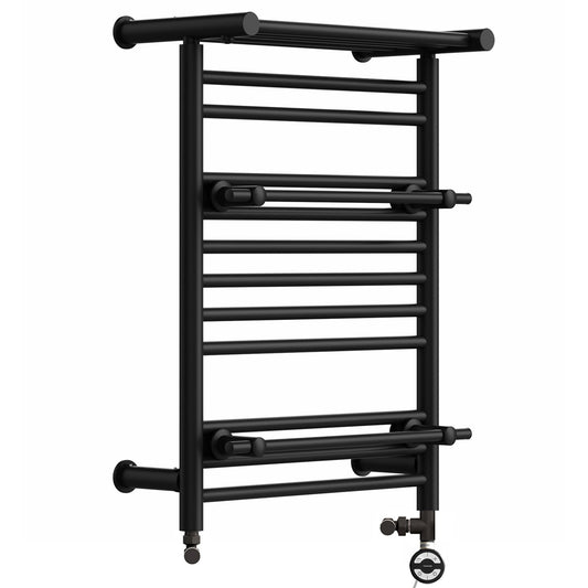 Dual Fuel 490 x 680mm Matt Black Top Shelf Designer Heated Towel Rail Radiator- (incl. Valves + Electric Heating Kit)