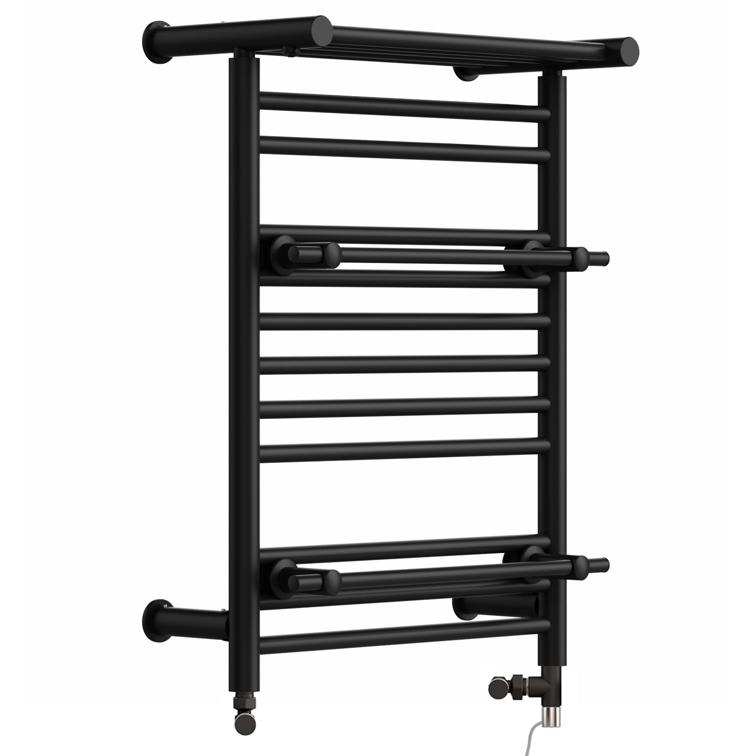 Dual Fuel 490 x 680mm Matt Black Top Shelf Designer Heated Towel Rail Radiator incl. Valves Electric Heating Kit