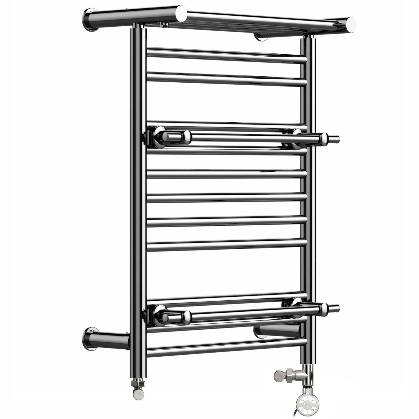  Dual Fuel 490 x 680mm Straight Chrome Shelf Designer Heated Towel Rail Radiator- (incl. Valves + Electric Heating Kit)