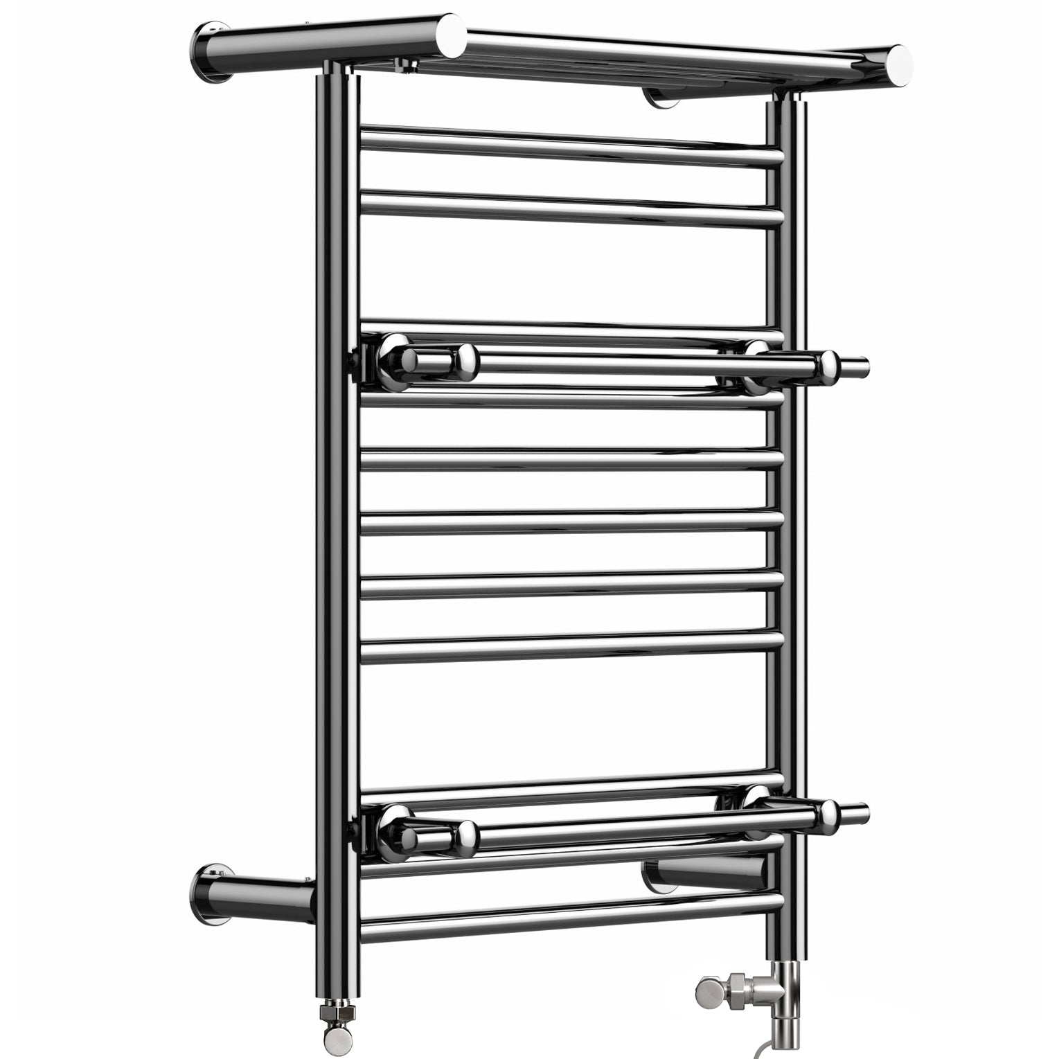 Dual Fuel 490 x 680mm Straight Chrome Shelf Designer Heated Towel Rail  Radiator- Valves Electric Heating Kit)