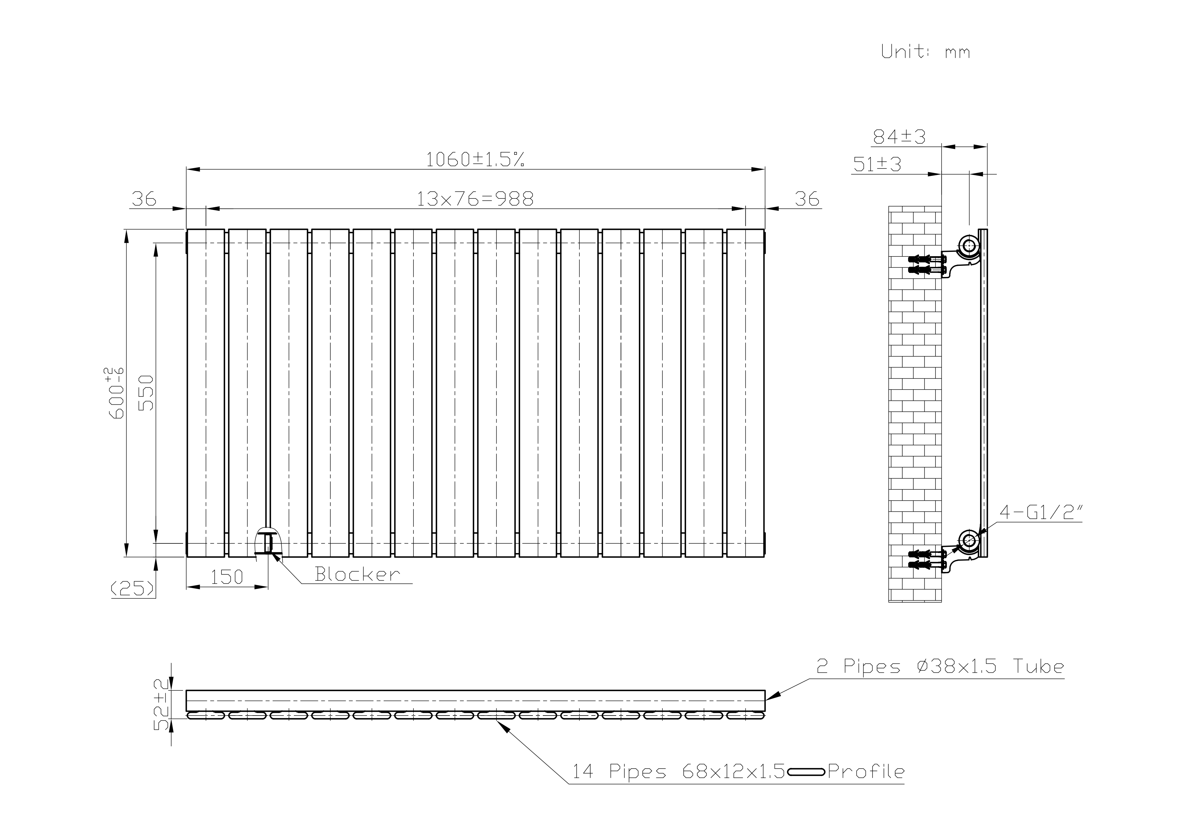 1060 x 600mm Black Horizontal Single Flat Panel Radiator – 2503 BTU ...