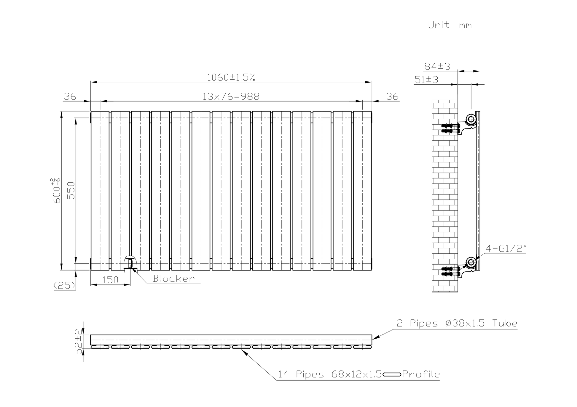 1060mm x 600mm Black Designer Horizontal Single Flat Panel Radiator, 2503 BTU