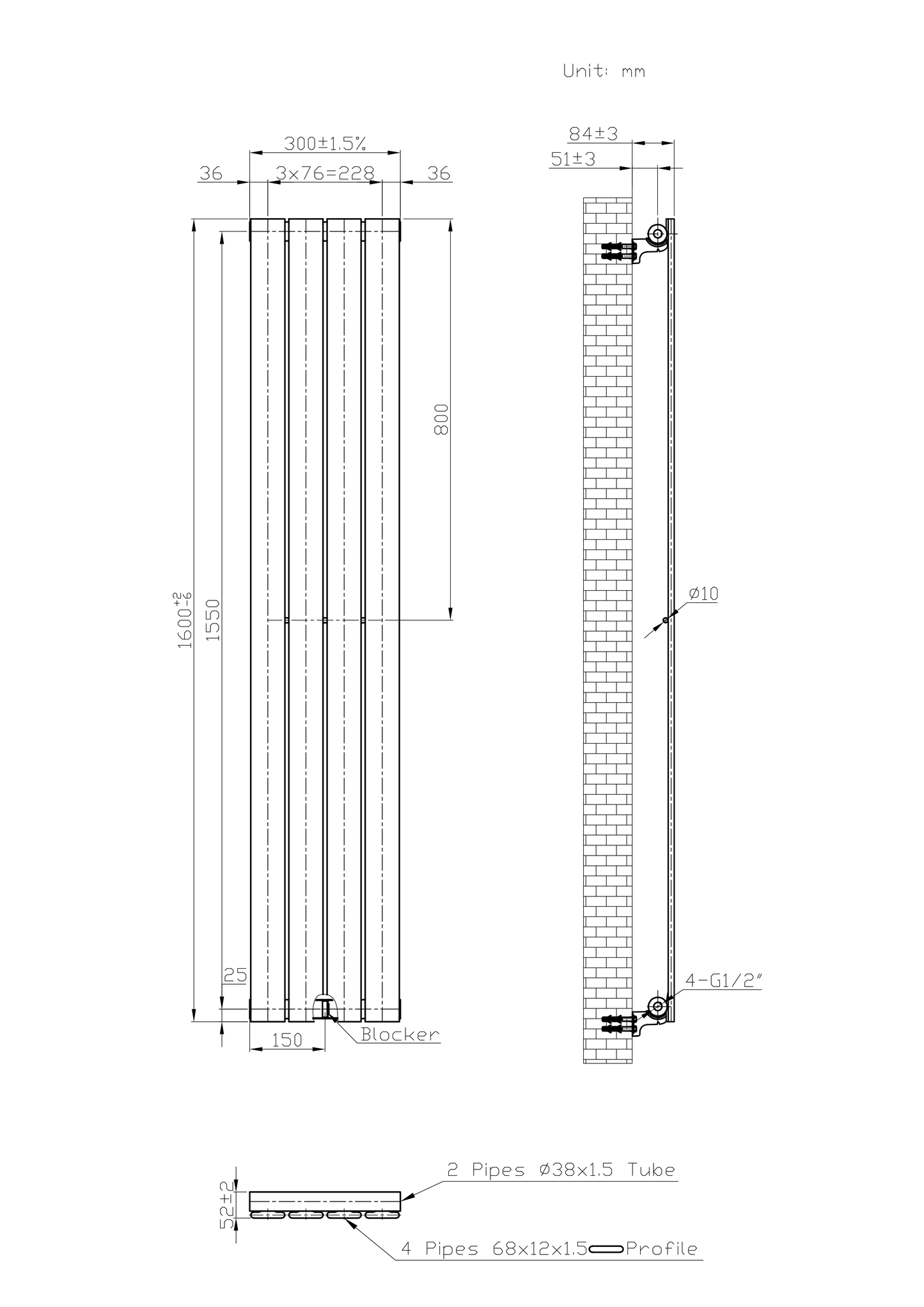  300mm x 1600mm Black Designer Vertical Single Flat Panel Radiator, 1705 BTU