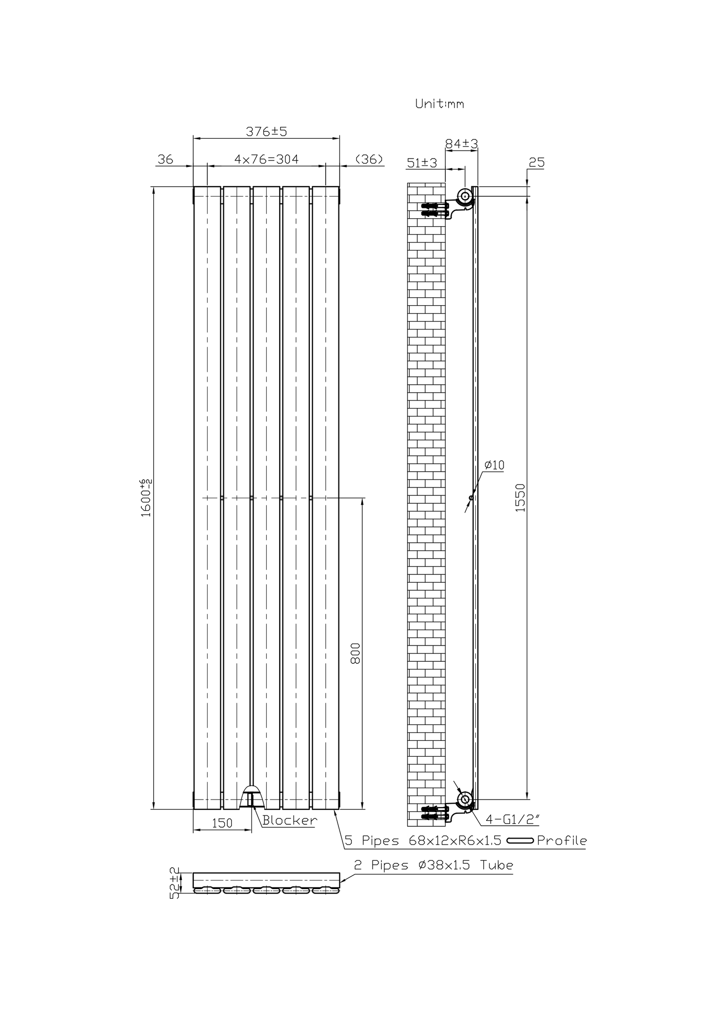  376mm x 1600mm Black Designer Vertical Single Flat Panel Radiator, 2131 BTU