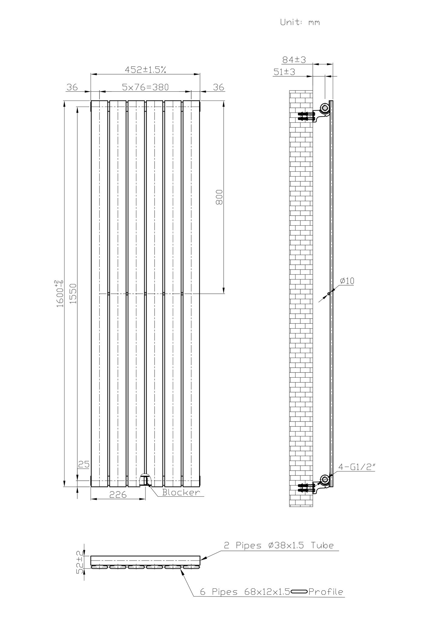  452mm x 1600mm Anthracite Gray Designer Vertical Single Flat Panel Radiator, 2558 BTU