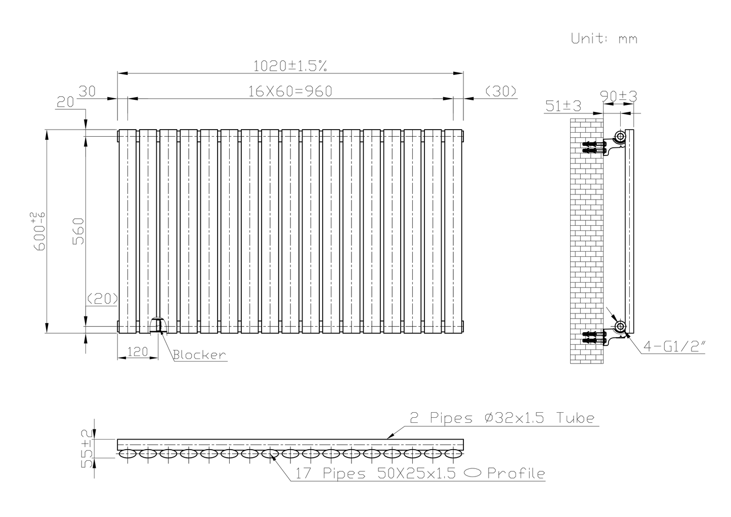  1020mm x 600mm Anthracite Gray Designer Horizontal Single Column Radiator, 2370 BTU