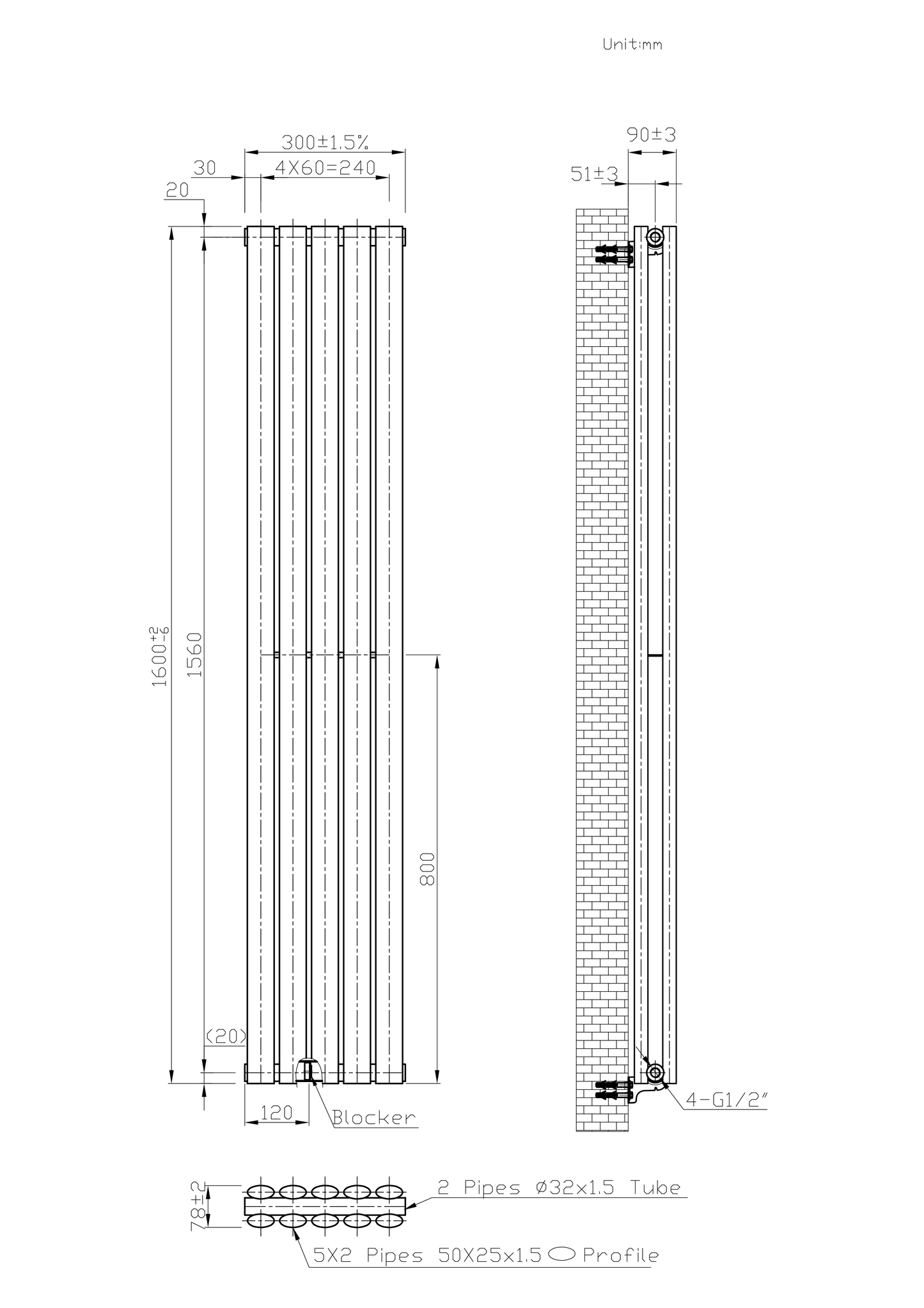  300mm x 1600mm Anthracite Gray Designer Vertical Double Column Radiator, 3291 BTU