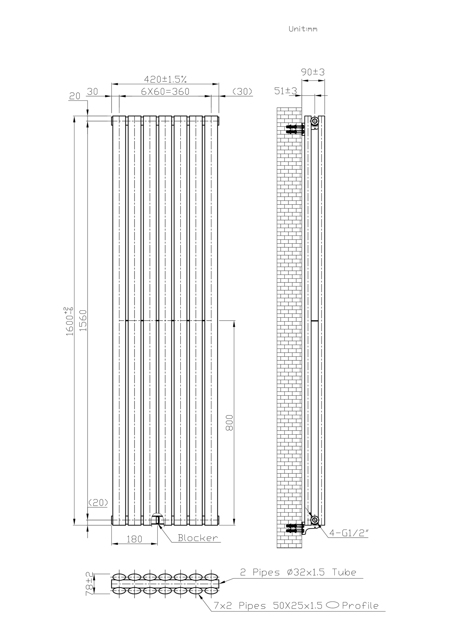 420mm x 1600mm Black Designer Vertical Single Column Radiator, 2373 BTU