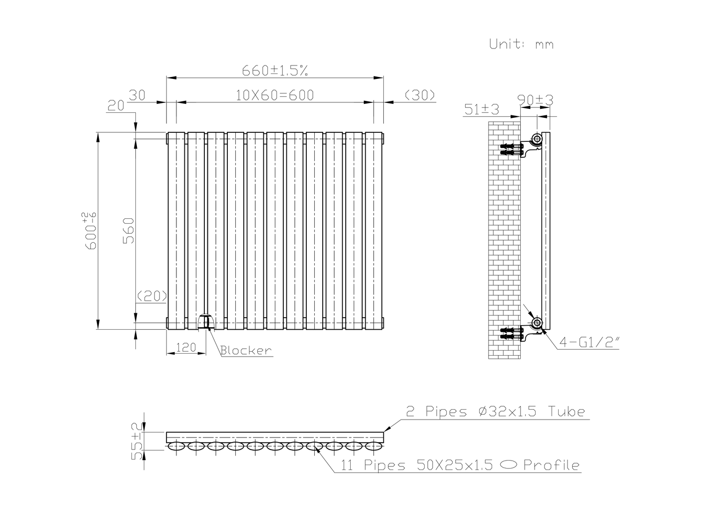  660mm x 600mm Black Designer Horizontal Single Column Radiator, 1535 BTU
