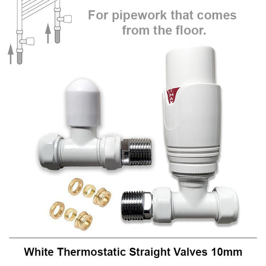 Modern White Straight Thermostatic Radiator Valves 10mm Pair