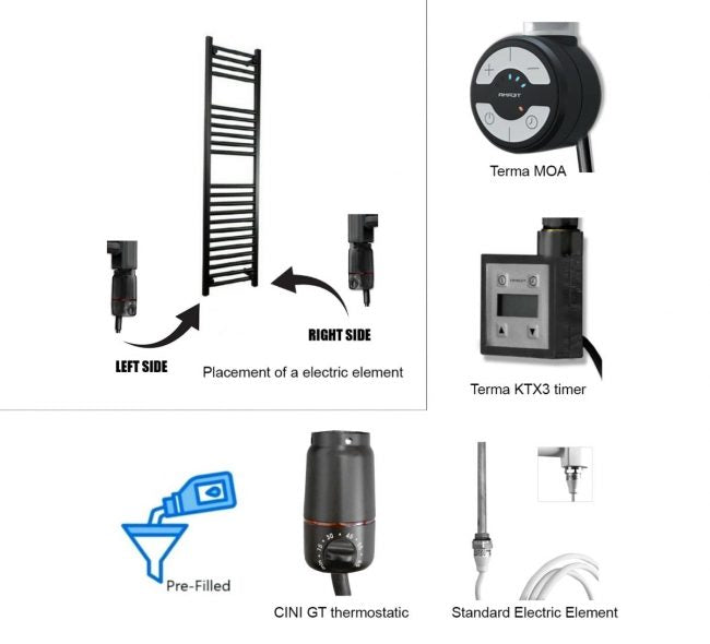  400mm Wide - 1400mm High Curved Black Electric Heated Towel Rail Radiator