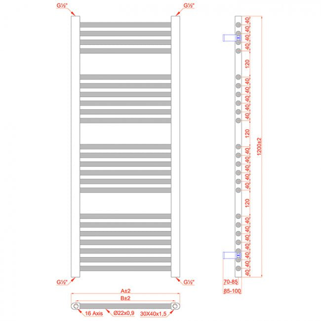  400mm Wide - 1200mm High Curved  Black Heated Towel Rail Radiator