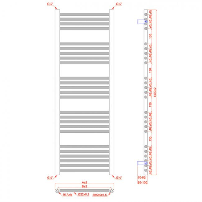 400mm Wide - 1400mm High Flat Chrome Heated Towel Rail Radiator