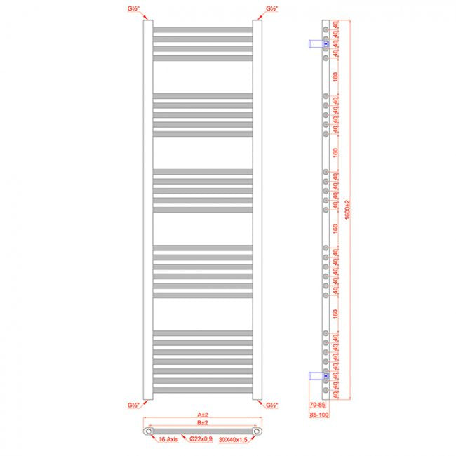 500mm Wide - 1600mm High Flat Black Heated Towel Rail Radiator