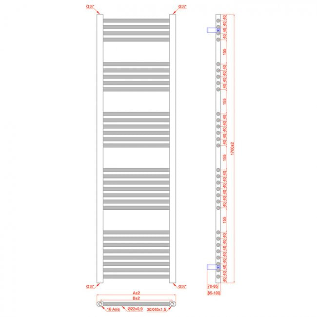 600mm Wide - 1700mm High Flat Black Heated Towel Rail Radiator