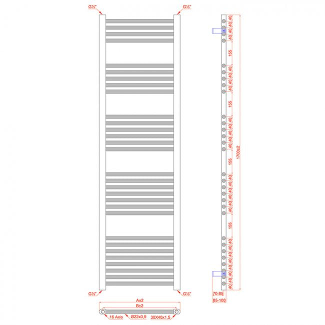  550mm Wide - 1700mm High Flat Chrome Heated Towel Rail Radiator