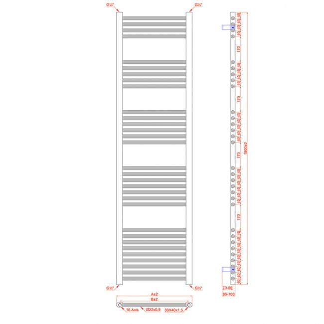  350mm Wide - 1800mm High Flat Black Heated Towel Rail Radiator