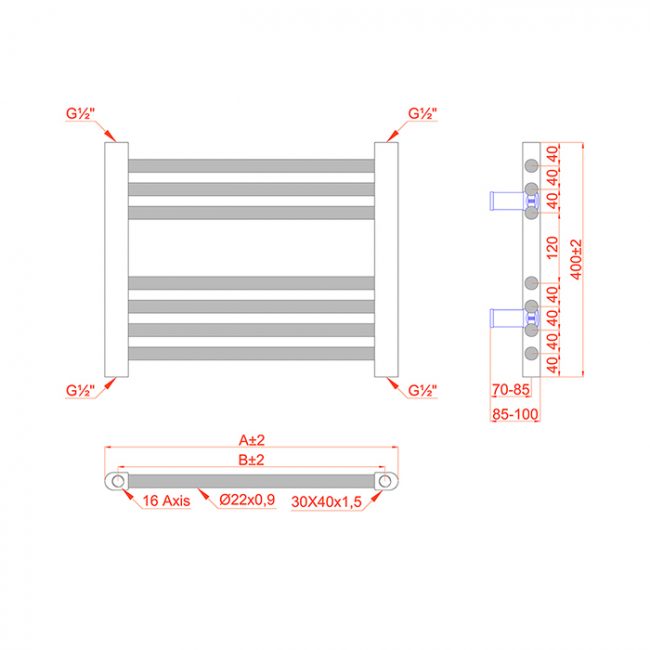 600mm Wide - 400mm High Flat Black Heated Towel Rail Radiator