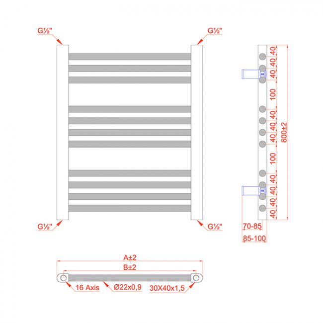 400mm Wide - 600mm High Flat Black Heated Towel Rail Radiator