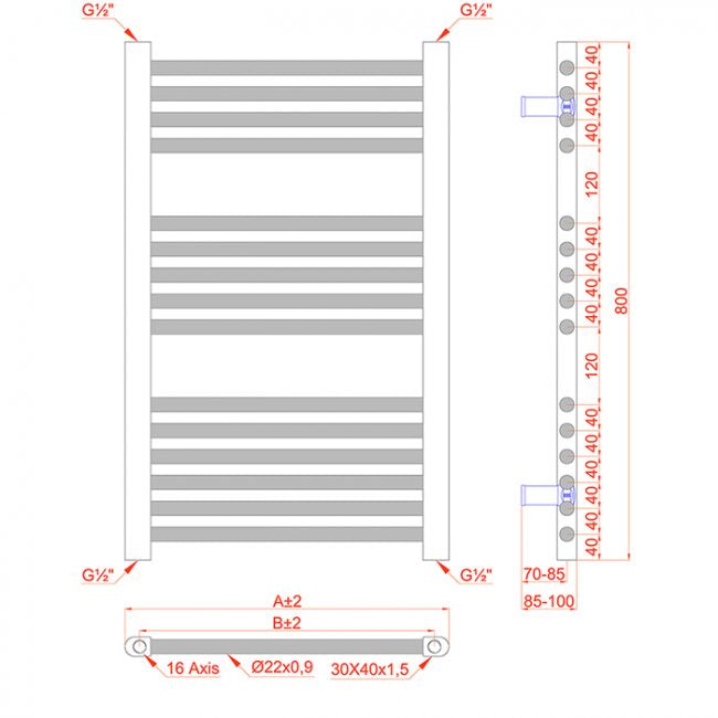  500mm Wide - 800mm High Shiny Gold Heated Towel Rail Radiator