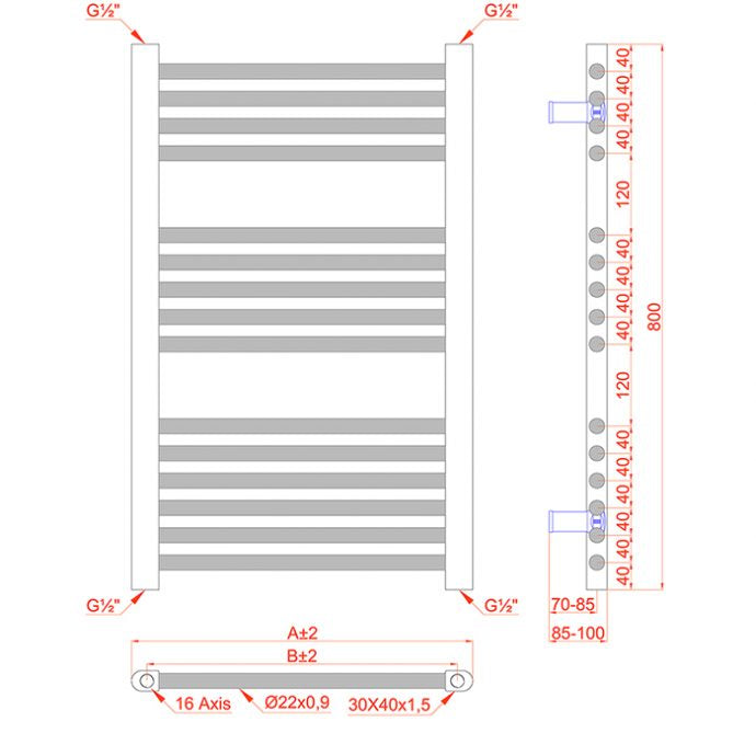  500mm Wide - 800mm High Curved  Black Heated Towel Rail Radiator