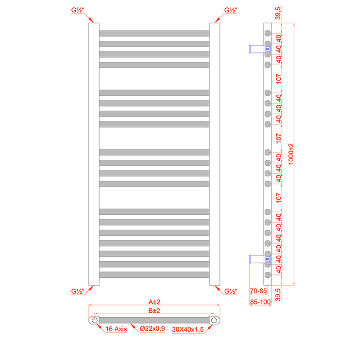 Dual Fuel 400 x 1000mm Straight Matt Black Heated Towel Rail - (incl. Valves + Electric Heating Kit)