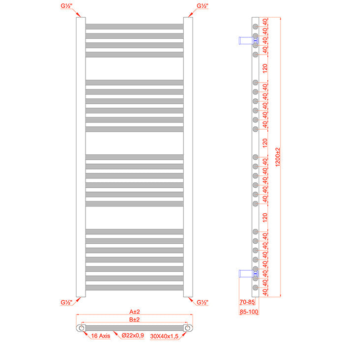 Dual Fuel 450 x 1200mm Matt Black Curved Heated Towel Rail - (incl. Valves + Electric Heating Kit)