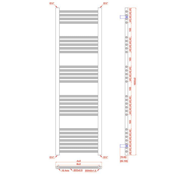  Dual Fuel 350 x 1600mm Straight Matt Black Heated Towel Rail - (incl. Valves + Electric Heating Kit)