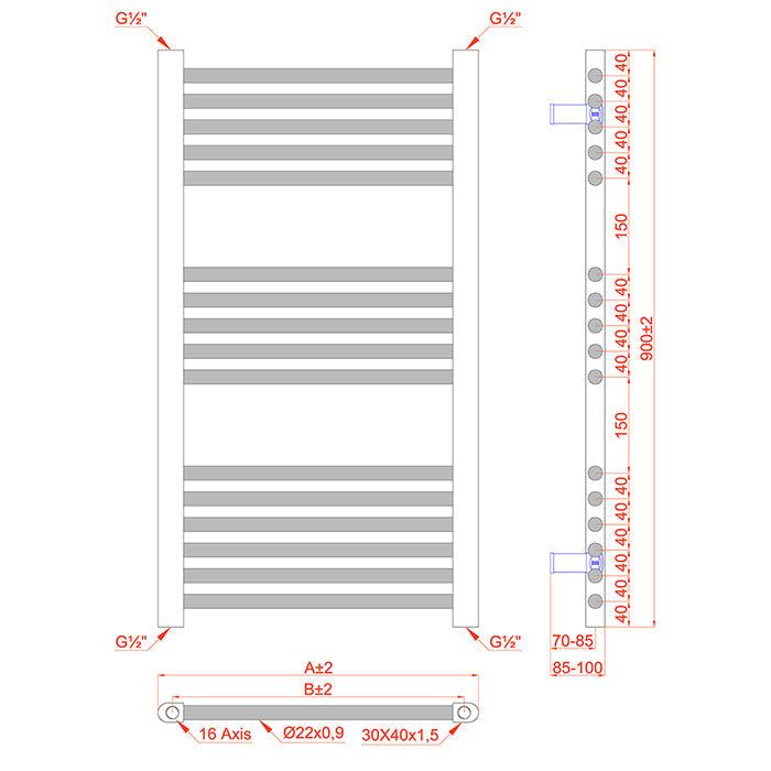 Dual Fuel 400 x 900mm Matt Black Curved Heated Towel Rail - (incl. Valves + Electric Heating Kit)