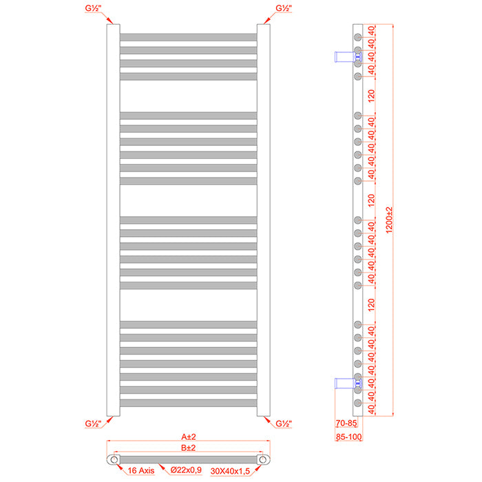 300mm Wide - 1200mm High Shiny Gold Heated Towel Rail Radiator